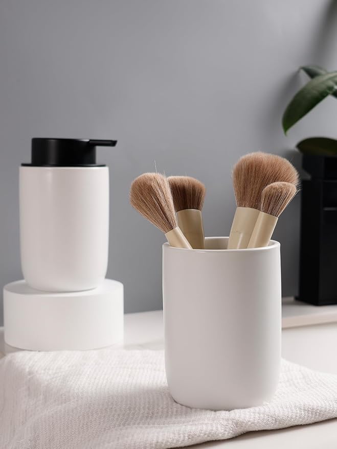 Bosilunlife Soap Dispenser and Toothbrush Holder Set - 11Oz Dish Hand Soap Dispenser Pump Ceramic Bathroom Counter Soap Toothbrush Holder Set White Bathroom Accessories Set