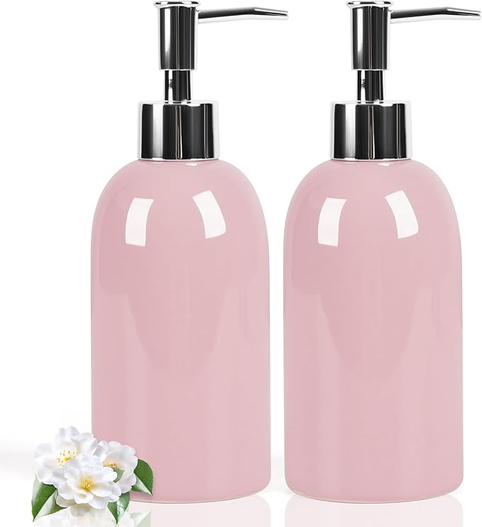 Natheeph 14OZ Ceramic Soap Dispenser Ceramic Soap Pump Dispenser Can Fill Liquid for Bathroom/Kitchen (2PC Pink)
