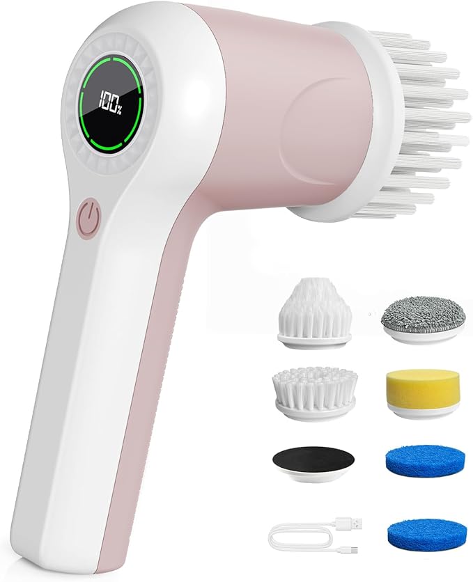 PUFTEM Electric Spin Scrubber, Cordless Shower Scrubber with Battery Level Display, 2 Speeds Electric Scrubber for Cleaning with 6 Replaceable Heads, Cleaning Brush for Bathroom/Sink/Window (Pink)