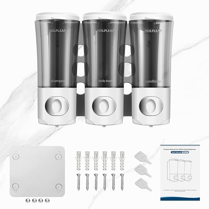 Shampoo Conditioner Body Wash Dispenser No Drill Shower Soap Dispenser Wall Mounted Shampoo Dispenser 3 Chamber with Upgrade Pump Head Bathroom Soap Dispenser 450ml/Each White