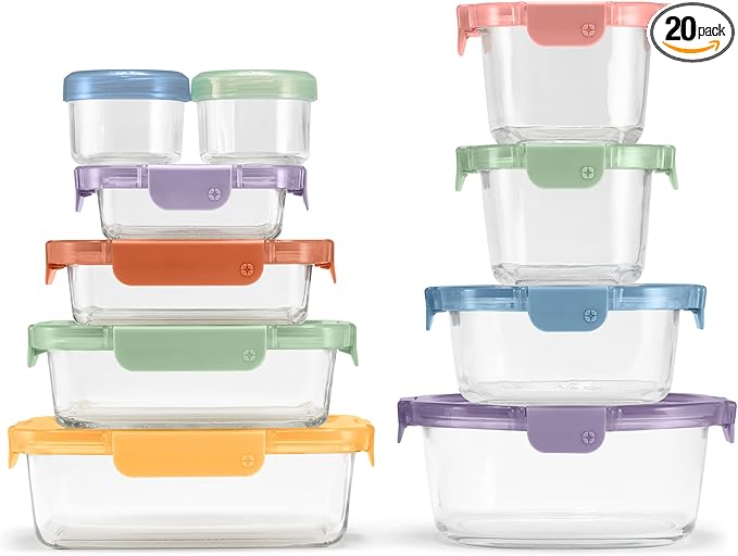 Ello Color Lock 20PC Mixed Glass Food Storage Sets, Leak-Proof Glass Food Storage Containers with Airtight BPA-Free Plastic Lids, Dishwasher