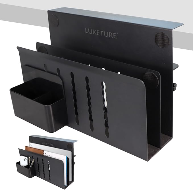 LUKETURE Desk Side Storage, 2 Tier Steel Hanging Organizer, No Drill Side Desk Organizer, Laptop Holder, with Pen Holder, Hanging Table Storage for Office Home, Fits Flat Edge Tables 0.3" to 2.8"