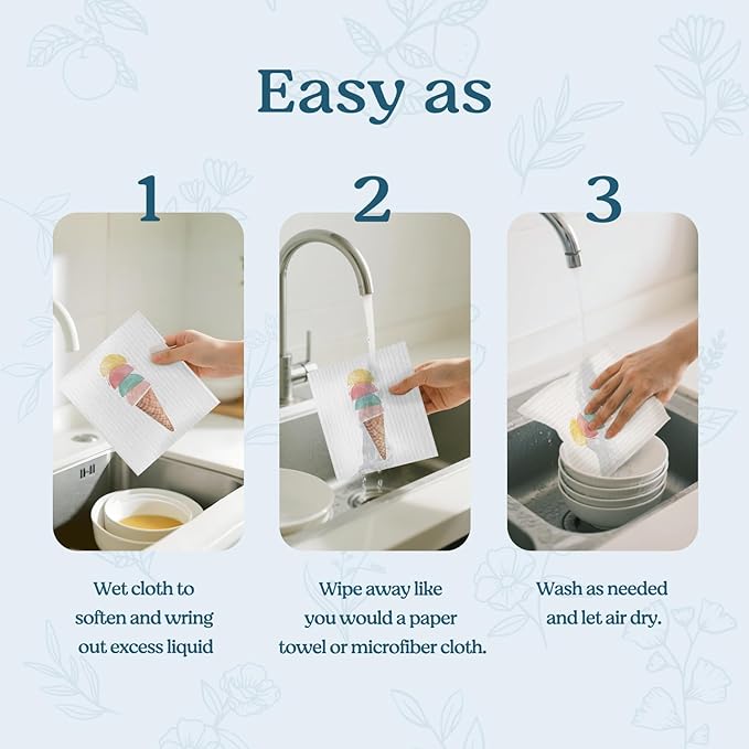 Swedish Dishcloths for Kitchen, Summer Ice Cream Dish Rags Kitchen Dish Towels for Washing Dishes, 4 Pack Reusable Paper Towels, Ice Cream Decor, Sponge Cloths for Home Cleaning Baking Cooking