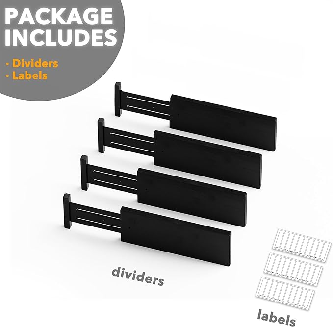 SpaceAid Bamboo 4 Pack Dresser Drawer Dividers, 4.65“ High Adjustable 12.5“-17” Drawer Organizers, Expandable Organization for Clothing, Clothes