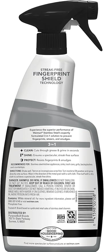 Weiman Stainless Steel Cleaner & Polish, 2 Pack, Anti Fingerprint Spray Stainless Steel Cloth, Water Spots & Grease, No Streaks or Residue