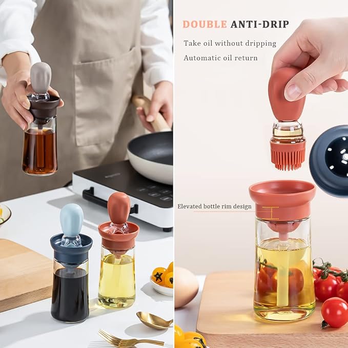 Glass Olive Oil Dispenser with Brush, 2 In 1 Silicone Dropper Measuring Oil Dispenser Bottle for Kitchen Cooking, Frying, Baking, BBQ Pancake, Air Fryer, Marinating (Blue)