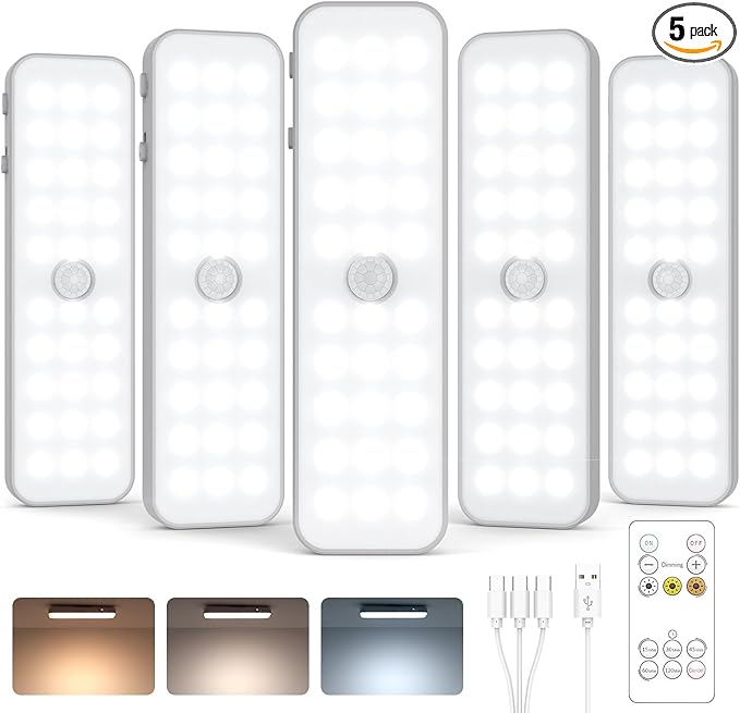 GOODEA 5 Pack Under Cabinet Lighting Wireless, Small 6'' Led Rechargeable Motion Sensor Light Indoor, 3CCT Dimmable Closet Light, Stick on Magnetic Under Counter Light for Pantry, Bookshelf, Stairs