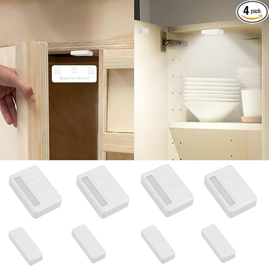 4 Pack Cordless Cabinet Lights, Door Open Activated Sensor Automatic Turn On Off Led Cupboard Drawer Closet Light Battery Operated Stick On Up Puck Lights Indoor for Kitchen Cabinets Pantry Gun Safe