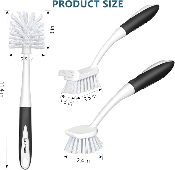 SetSail Dish Brush Set of 3 with Bottle Brush, Dish Scrub Brush with Long Handle Deep Cleaning Handle Brush with Scraper Tip for Kitchen Sink Dishes Bottle Cup Pot and Pans Tile Lines, Black