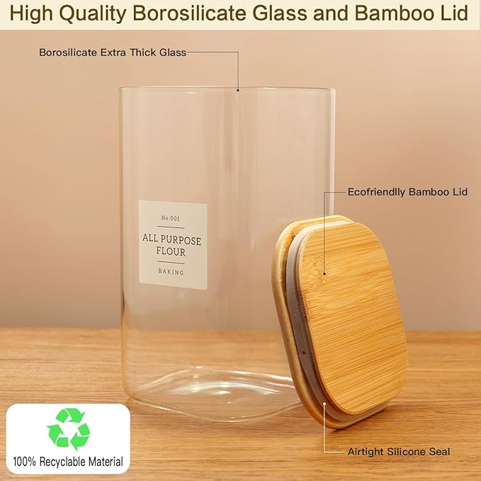 HHMJSM Large glass flour and sugar containers with 132 Kitchen Pantry Labels - 138 FL OZ Glass Food Storage Containers with Airtight Lids