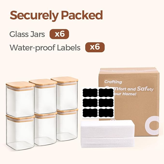 ComSaf 0.8 Qt Glass Food Storage Jars Set of 6, Clear Storage Containers with Airtight Lids, Pantry Organization Jar, Spice Jar, Blooming Tea, Oat