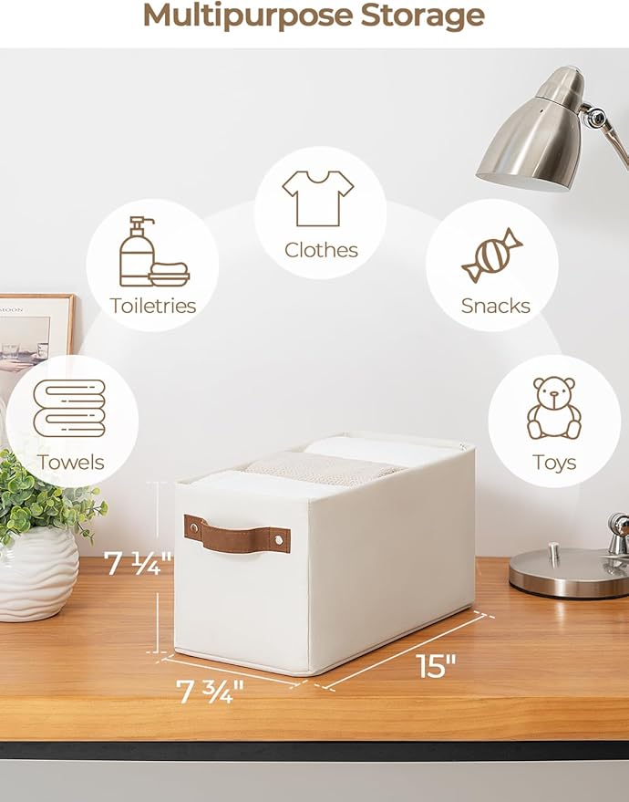 StorageWorks Narrow Storage Bins, Small Basket for Closet and Shelves, Rectangular Fabric Organizer with Handles, Toilet Paper Storage, Beige, 2-Pack