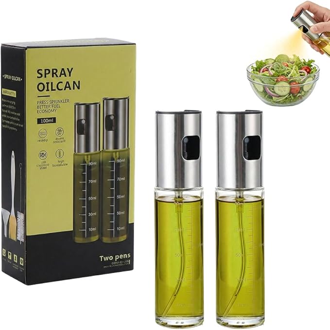 Oil Sprayer for Cooking,Olive Oil Sprayer,3.38 Oz/100ml,Press Oil Spray Pot with Scales,304 Stainless Steel Glass Oil Spray Bottle for Salad, Baking, BBQ, Air Fryer Accessories (2 Bottle)