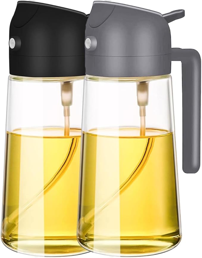 Kitchen 2 In 1 Oil Dispenser, 16oz Olive Oil Dispenser Bottle for Kitchen - 2 in 1 Oil Dispenser and Oil Sprayer for Cooking, Air Fryer, Salad, BPA-Free 470ml Olive Oil Sprayer (Black + Gray)