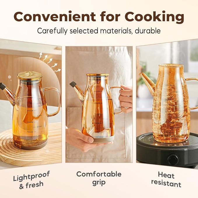 PUSKIU Oil Dispenser Bottle with Drip Free Spout, 1000ML Glass, Reusable, Modern, Cooking, Oil Sprayer