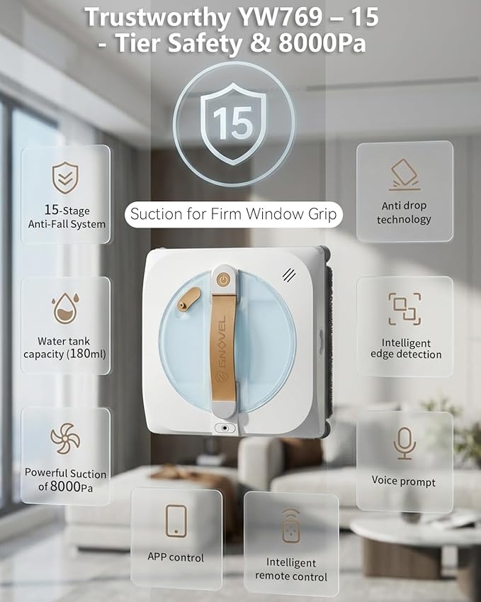 Window Cleaning Robot 8000Pa,3 Nozzles with High-Pressure Spray,Intelligent Path Planning,Edge Detection System,15-Stage Anti-Fall,App&Remote Control,4 Cleaning Modes for Tile,Windows,Glass