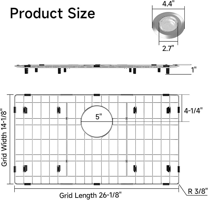26-1/8’’ x 14-1/8’’ Stainless Steel Sink Grid, Sink Protectors for Kitchen Sink, Sink Protector with Rear Drain for Single Sink Bowl, Sink Bottom Grid, Sink Grate for Bottom with Sink Strainer