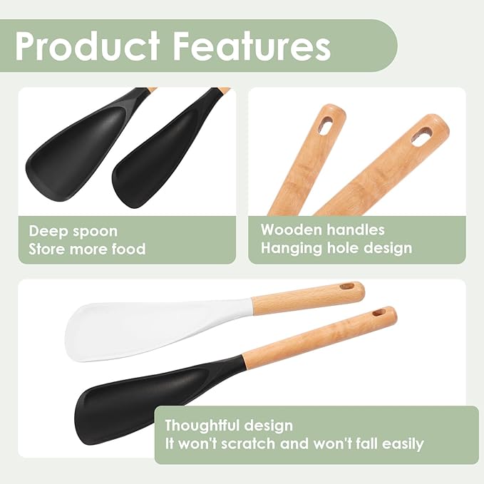 4Pcs Silicone Spatula Set with Wooden Handle, Black White Cooking Spoon Spatula Multipurpose Kitchen Utensils for Mixing, Scraping, Serving, Heat Resistant, Non-Stick Safe, 2 Large 2 Small
