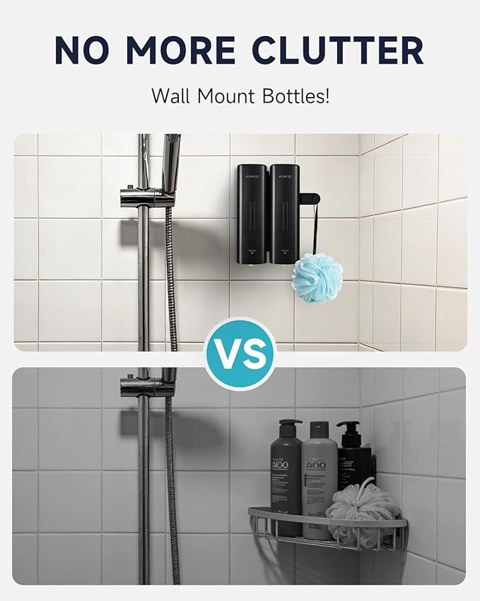 AIKE 2 Chambers Shower Shampoo and Conditioner Dispenser 2 x 11.8 fl.oz. for Bathroom(Black)