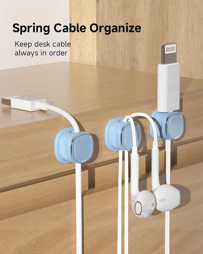 9 Pack Cord Organizer, Spring Cable Management, Adhesive Cute Cable Holder Clips, Phone Charger Wire Keeper for Desk Nightstand Car Office (9-Pack Blue)