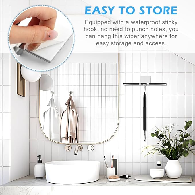 Shower Squeegee with Long Handle and Adhesive Hook, 16.93" to 59.84" Telescopic Squeegee for Window Cleaning