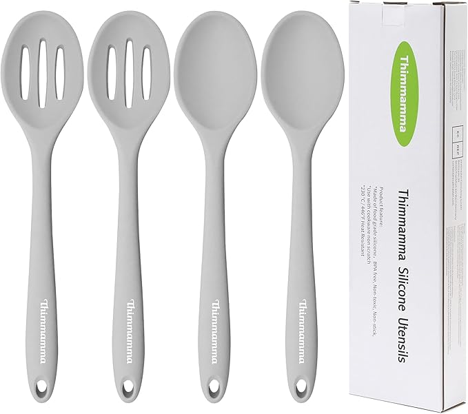 Silicone Spoon, Nonstick Kitchen Silicone Slotted Solid Spoons for Cooking Dishwasher Safe for Nonstick Cookware, Heat Resistant Grey Silicone Serving Spoon BPA Free for Mixing Stirring