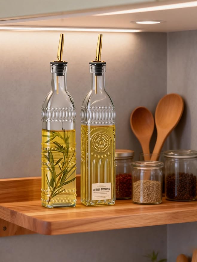 4 Pcs Olive Oil Dispenser Bottle for Kitchen, 17oz Clear Glass Oil and Vinegar Dispenser Bottle Set with 4 Stainless Steel Spouts and 1 Funnel (Square)