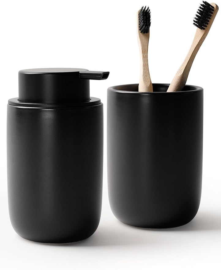 Bosilunlife Soap Dispenser and Toothbrush Holder Set - 11Oz Foam Soap Dispenser Pump Ceramic Bathroom Counter Soap Toothbrush Holder Set Black Bathroom Accessories Set