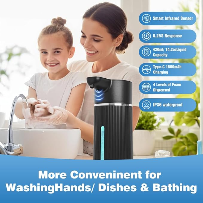 Touchless Automatic Soap Dispenser for Kitchen and Bathroom, Liquid Hand Soap Dispenser, Water-Resistant and Rechargeable, 14.2oz/420ml ，Intelligent Digital Display，4-Level Adjustable,Modern