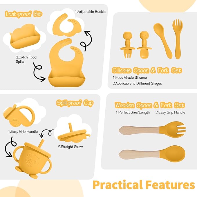 Baby Led Weaning Supplies, 17 Piece BPA-Free Silicone Feeding Set, Eating Essentials Baby Utensils with Suction Plate and Bowl, Pocket Bib