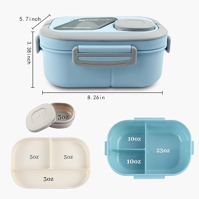 Adults Bento Lunch Box,Salad Container Large 43oz Salad Bowl, Bento-Style Tray for Toppings, 3oz Sauce Container for Dressings