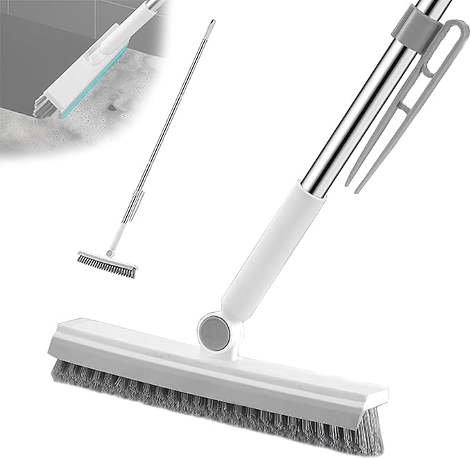 Floor Scrubbing Brush with 57" Adjustable Long Handle,3 in 1 Living Grout Brush with Squeegee,V-Shape Stiff Brush Bristle,Heavy Duty Bathroom Cleaning Brush for Tile,Deck,Patio,Wall,Garage,Kitchen