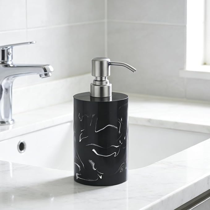 Soap Dispenser Countertop Black Marble for Bathroom Kitchen 13.5oz Resin Brushed Nickel Stainless Steel Pump for Liquid Hand Soap, Lotion and Dish Soap