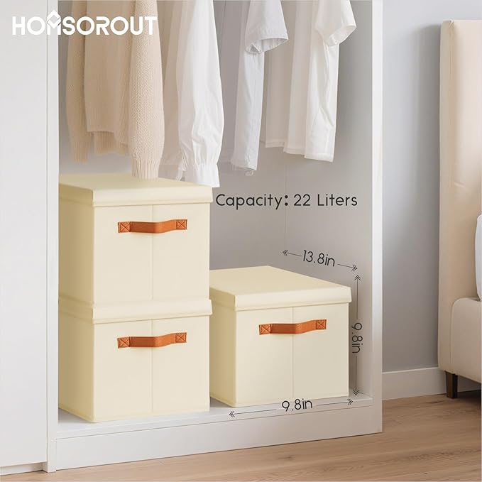 Homsorout Storage Bins with Lids - Fabric Storage Baskets for Shelves, 6 Pack Foldable Decorative Boxes with Handles
