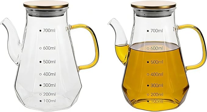 Cabilock 2pc Glass Oil Dispenser Pot with Measurements for Kitchen, 24oz Oil Bottles Cooking Dispenser with Drip Free Spout And Stable Bottom Fits in Home,kitchen,barbecue,party (700ml)