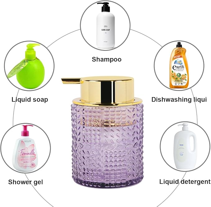 Foaming Soap Dispenser, 2pcs Purple Glass Foam Soap Dispenser with Gold Pump, Refillable 10oz Lotion Liquid Container Pump Bottle for Bathroom Kitchen Countertop