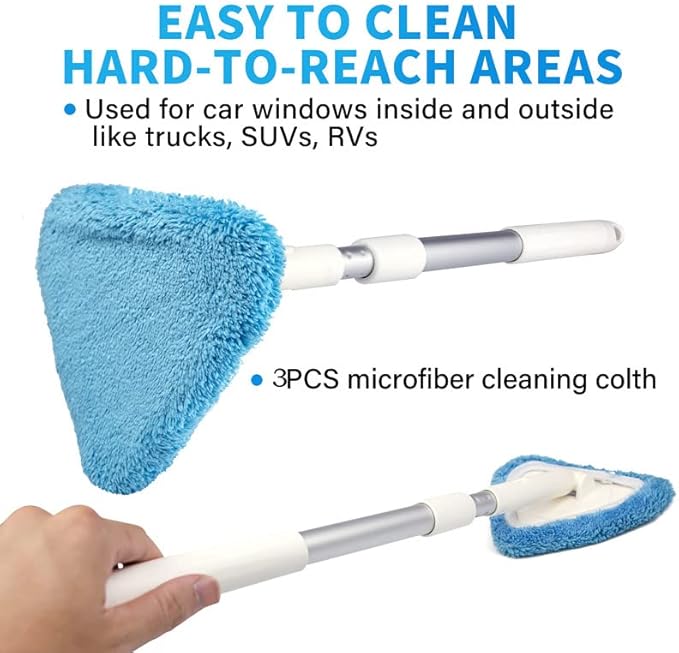 BITOPE Windshield Cleaning Tool, 26" Adjustable Handle, 3pcs Microfiber Pads, Ideal for Cleaning Inside Exterior SUVs, Trucks, RVs