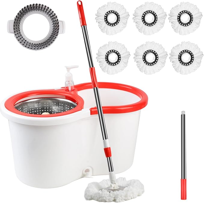 Spin Mop and Bucket with Wringer Set, 360° Spinning Mop Bucket System with 6 Microfiber Mop Replacement Heads and 61" Stainless Steel Adjustable Handle for Floor Cleaning (20QT)