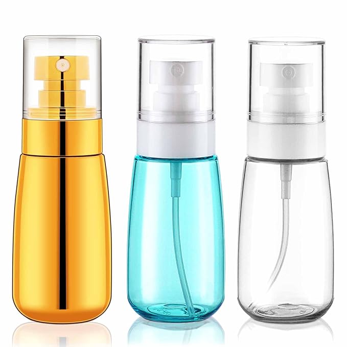 Cosywell Travel Spray Bottle TSA Approved 3 Pack 2oz 60ml Leak Proof Fine Mist Spray Bottle Empty Plastic Refillable Containers for Hair Perfume Toners Rose Water Cosmetics(Gold+Green+Clear)