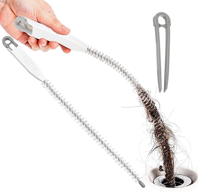 Upgraded Pipe Cleaner Brush, 24.8” Flexible Drain Cleaning Tool for Sink Overflow & Sewer, Bendable Long Brush with Forceps to Catch Hair & Debris
