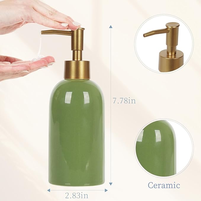 Natheeph 14OZ Ceramic Soap Dispenser Ceramic Soap Pump Dispenser Can Fill Liquid for Bathroom/Kitchen (2PC Green)
