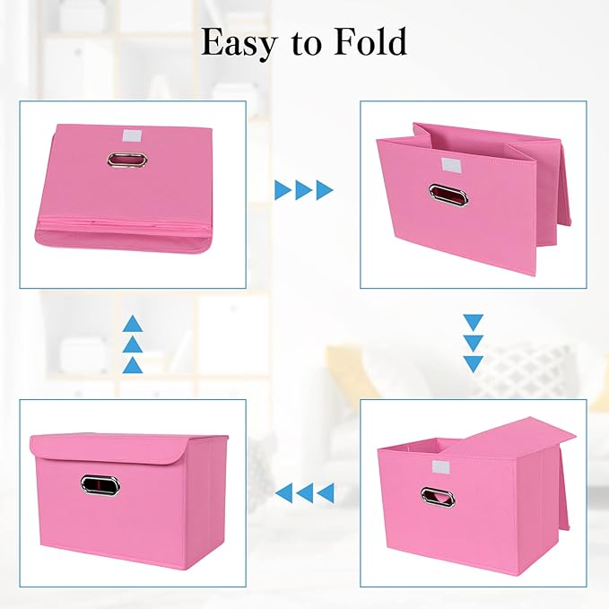 STOREONE Fabric Storage Cube Bins Foldable Organizer Container Collapsible Basket with Lids and Metal Handles, for Home, Bedroom, Closet 8 Pcs (Pink)