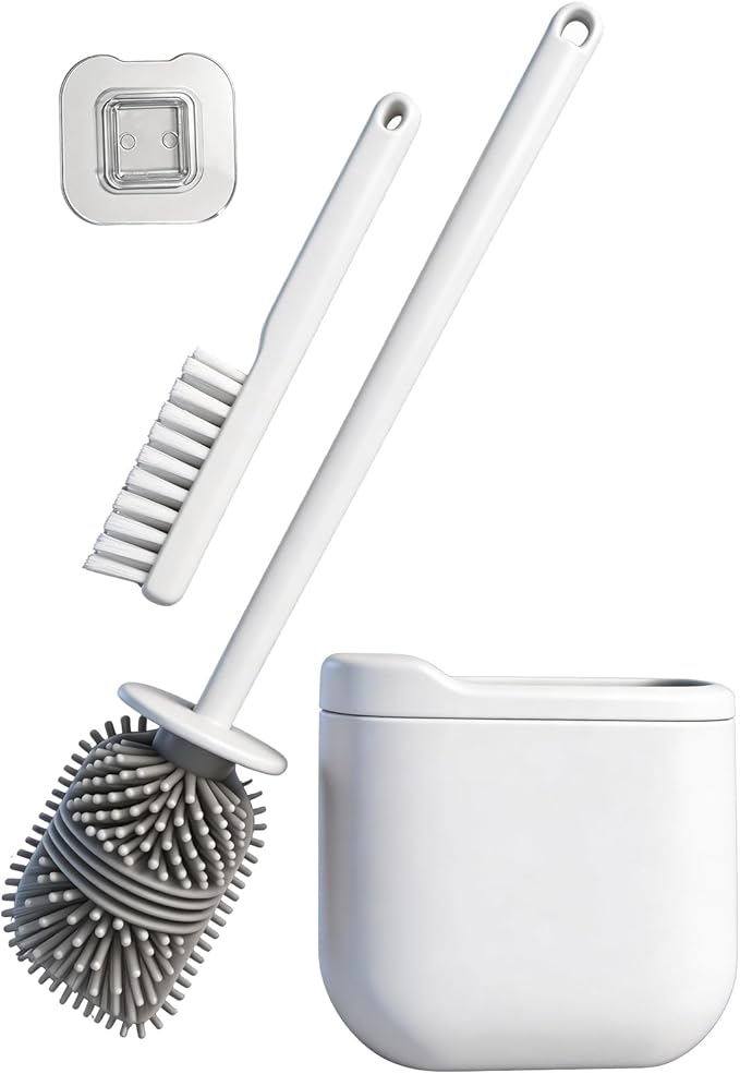 Wall-Mounted Toilet Brush Set with Crevice Tool - [TPR Flexible Head] for [Rim Jet & Crevice Cleaning] - [Draining Holder] for Bathroom, 0.55 lbs, 1.1 lbs Max Load
