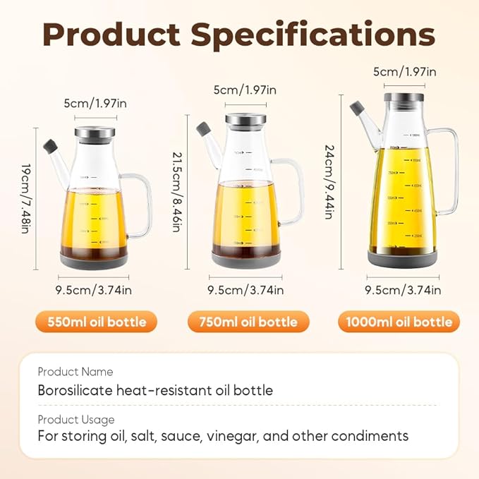 PUSKIU Oil Dispenser Bottle with Drip Free Spout, 1000ML Glass, Reusable, Modern, Cooking, Oil Sprayer