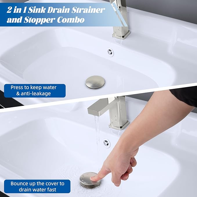 Hibbent All Metal 2 in 1 Bathroom Sink Stopper, Universal Pop Up Drain Strainer, Brass Bullet Core Push Type Sink Stopper for 1.1''~2.3'' Basin, Big Push Button, Anti Clogging Filter, Brushed Nickel