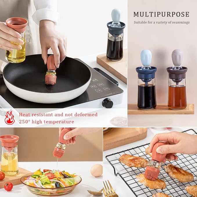 Glass Olive Oil Dispenser with Brush, 2 In 1 Silicone Dropper Measuring Oil Dispenser Bottle for Kitchen Cooking, Frying, Baking, BBQ Pancake, Air Fryer, Marinating (Blue)