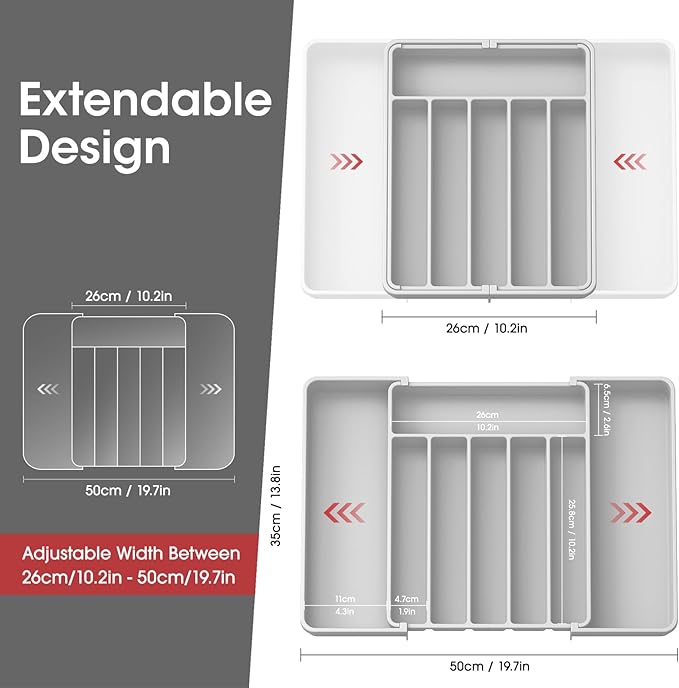 Aujen Silverware Organizer - Expandable Kitchen Drawer Organizer, Adjustable Utensil Organizer, Cutlery Tray for Forks, Knives, Multipurpose Kitchen Organizers and Storage Solution, Light Grey, Large
