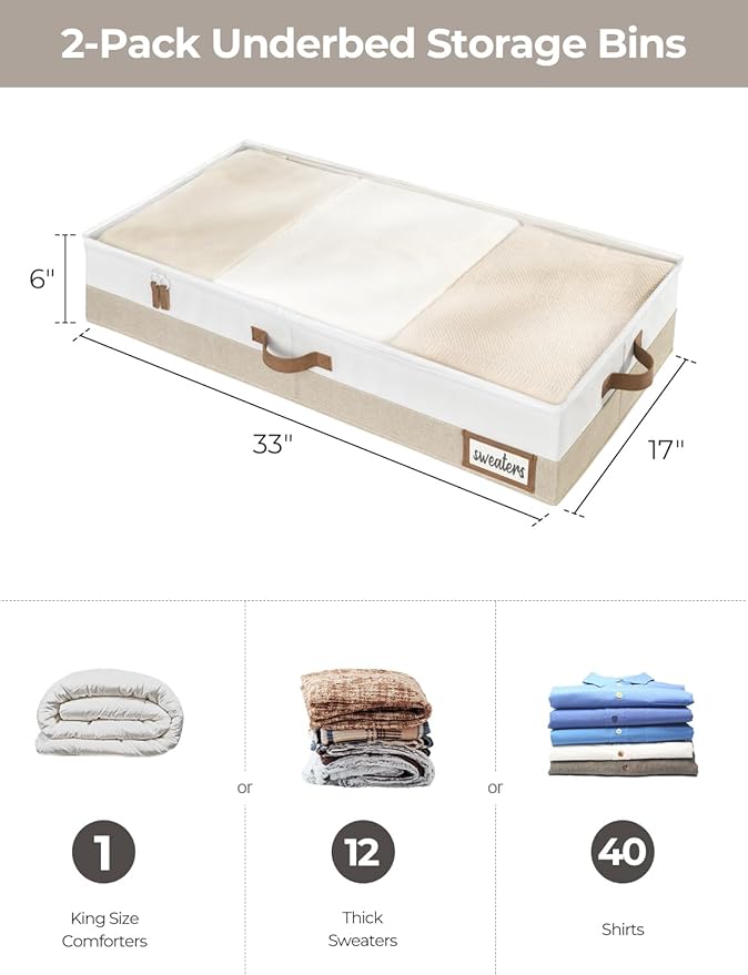 StorageWorks Large Under Bed Storage Containers with Handles and Label Holder, 2 Pack Ultra-thick Fabric Underbed Bins, Closet Organizer for Clothes
