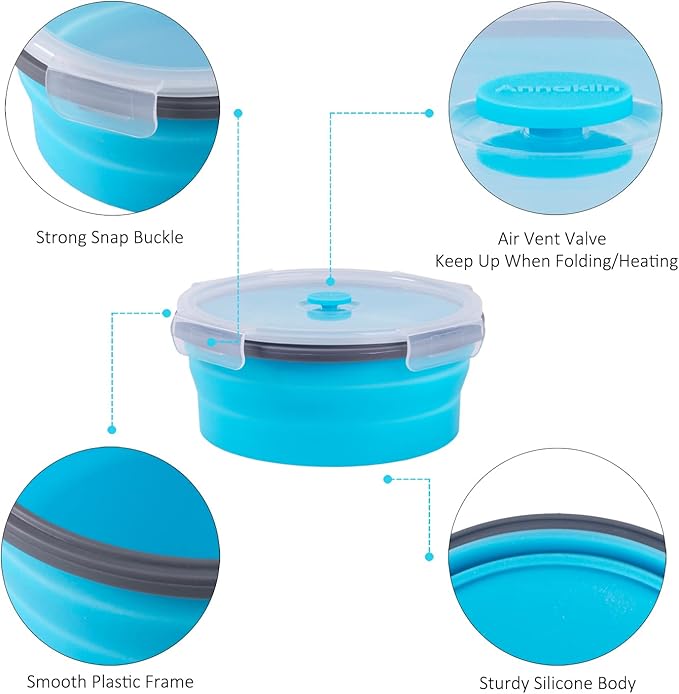 Collapsible Food Storage Containers with Airtight Lid & Vent, 40.5 oz, Kitchen Stacking Silicone Collapsible Meal Container Set for Leftover