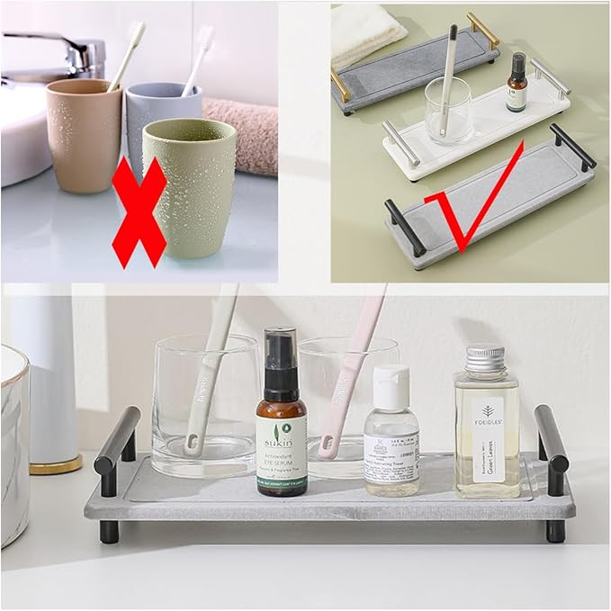 Instant Dry Sink Caddy Organizer,Diatomaceous Earth Bathroom Organizer with Handle Water Absorbing Stone Tray for Sink Water Absorbent Diatomite Coasters (L White Black Handle)